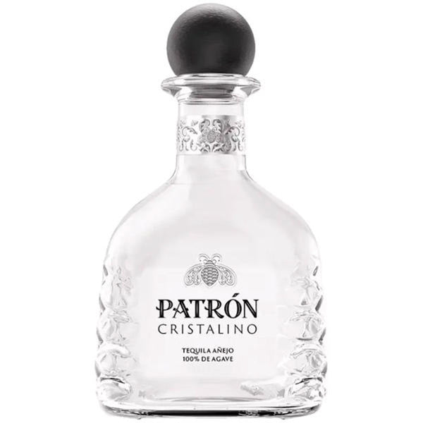 Patrón Cristalino tequila bottle with black stopper on a white background